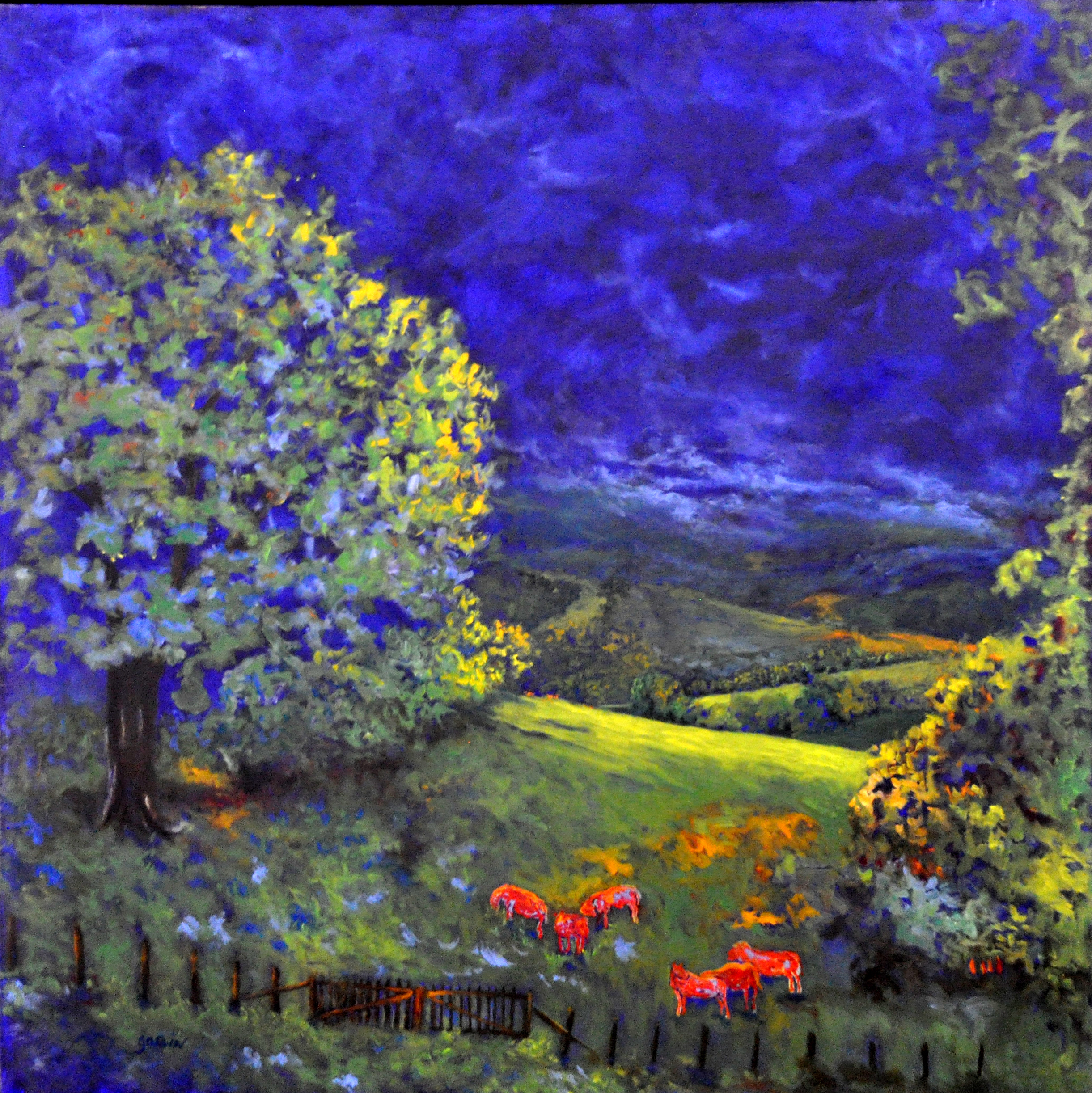 Paysage aux vaches rouges, 2017, huile sur toile 80 X 80 cm
