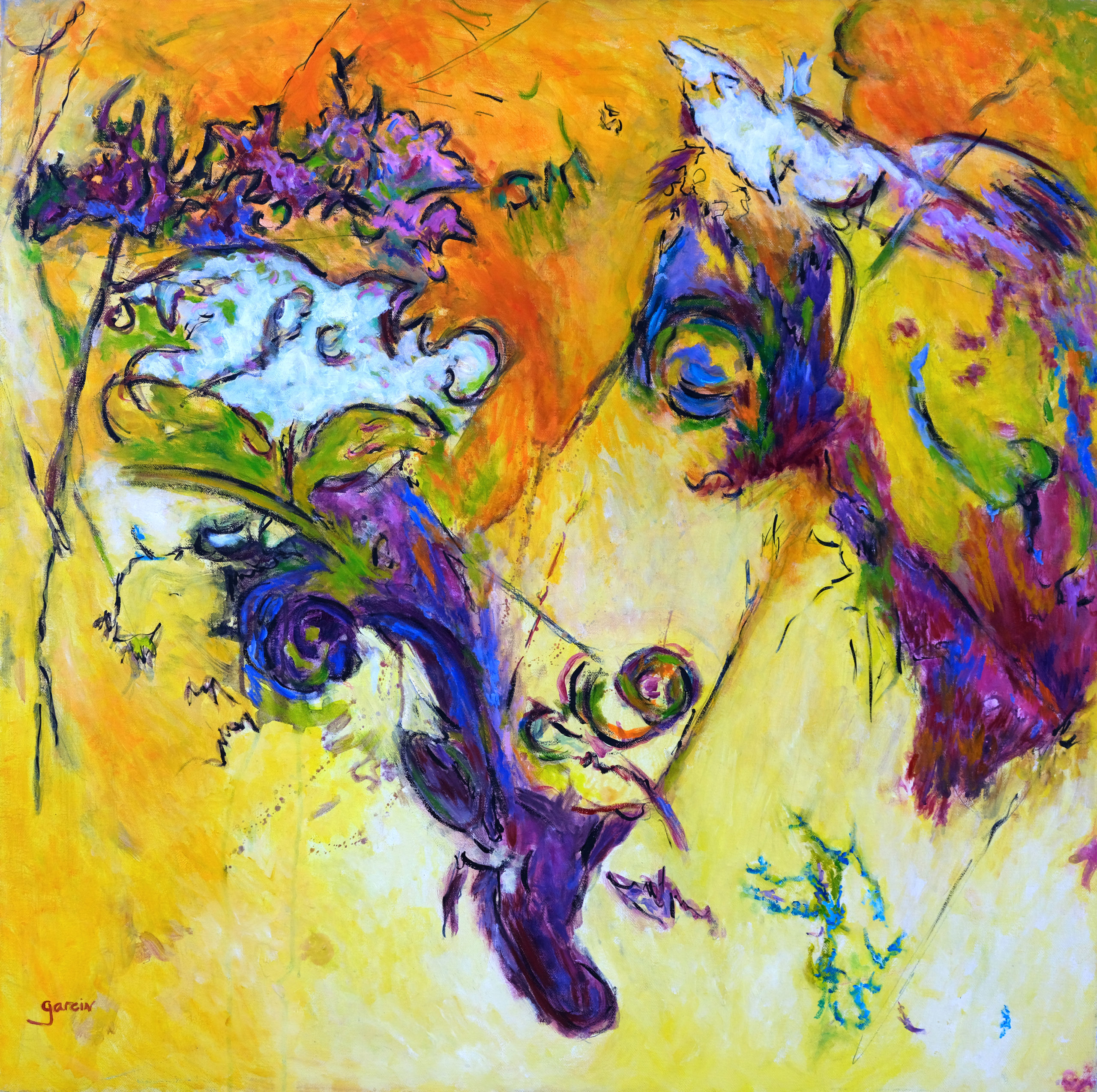 Paysage Jaune-violet,  huile sur toile 80 X 80 cm