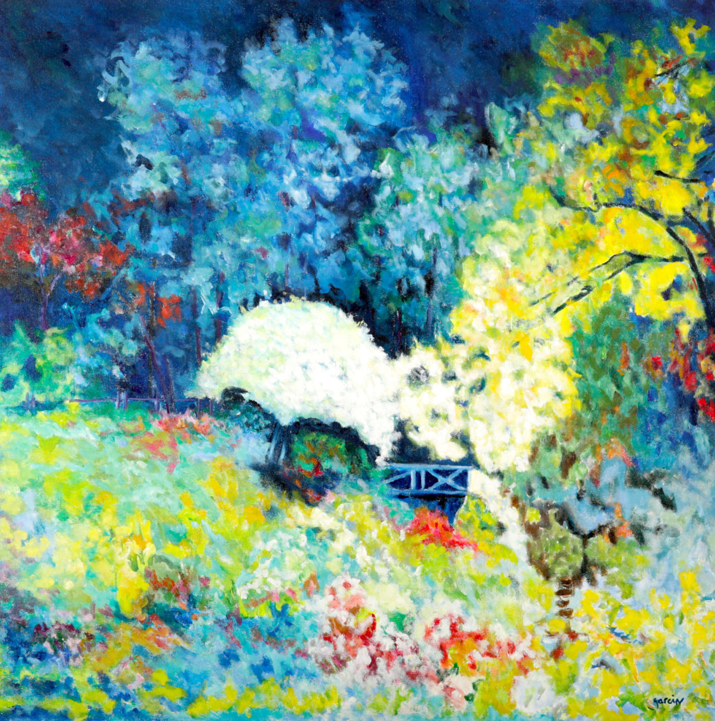 Arbre blanc au pont, huile sur toile 80 X 80 cm