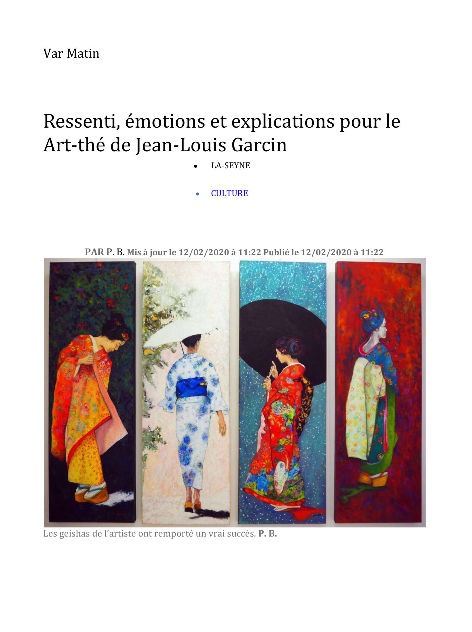 article de presse, Var-Matin, 2020, Les Geishas, Ressenti, émotions et explications pour le Art-thé de Jean-Louis Garcin.