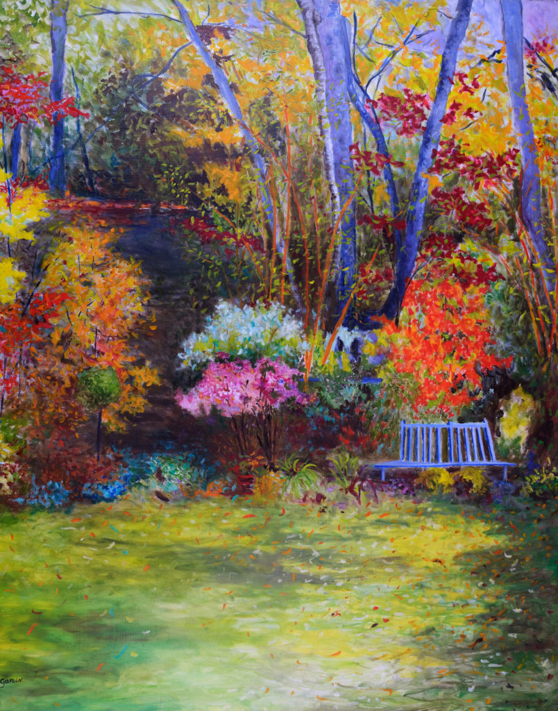 Paysage au banc bleu, 2018, huile sur toile 160 X 130 cm, Jean Louis Garcin. Une nature luxuriante aux couleurs chatoyantes. Ambiance automne, présence du vent, les feuilles tourbillonnent, contraste de couleurs complémentaires : orange, bleu, jaune ocre, violet. Un banc bleu à la limite de la forêt.