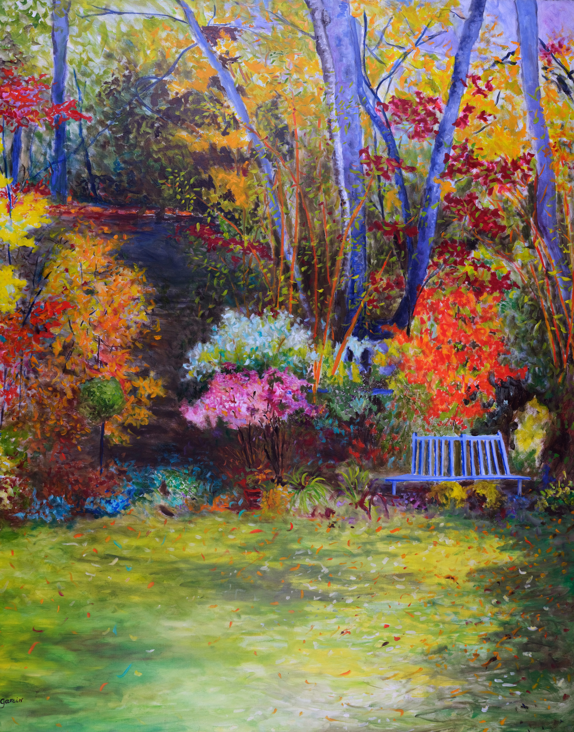 Paysage au banc bleu, 2018, huile sur toile 160 X 130 cm