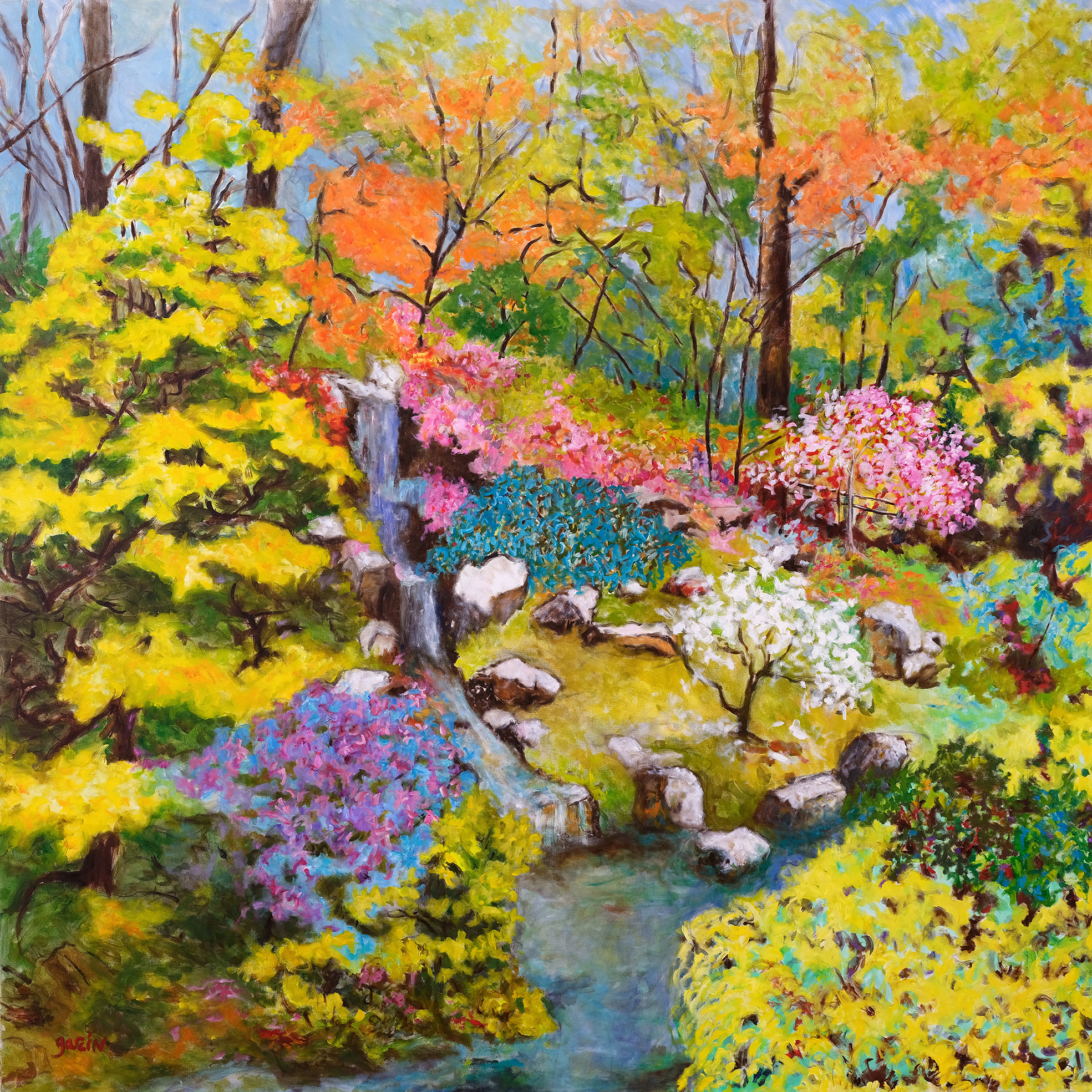 Cascade, 2019, huile sur toile 130 X 130 cm