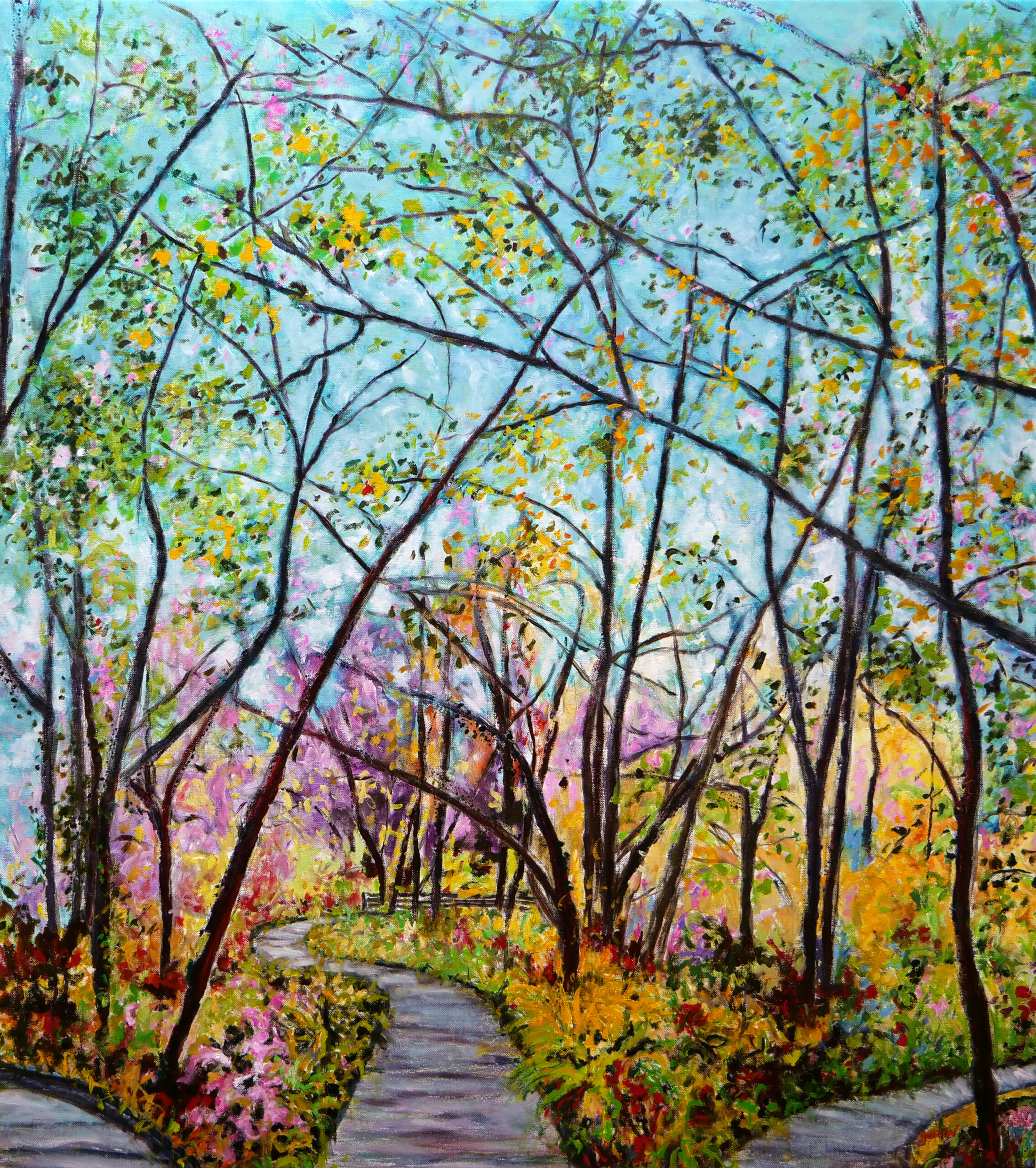« Sous-bois aux trois pontons, » huile sur toile, 100 X 100 cm, 2025